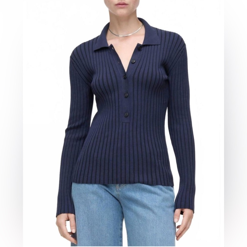 CLOSED Ribbed Dark Knight Navy Long Sleeved Collared Polo Shirt Size Small